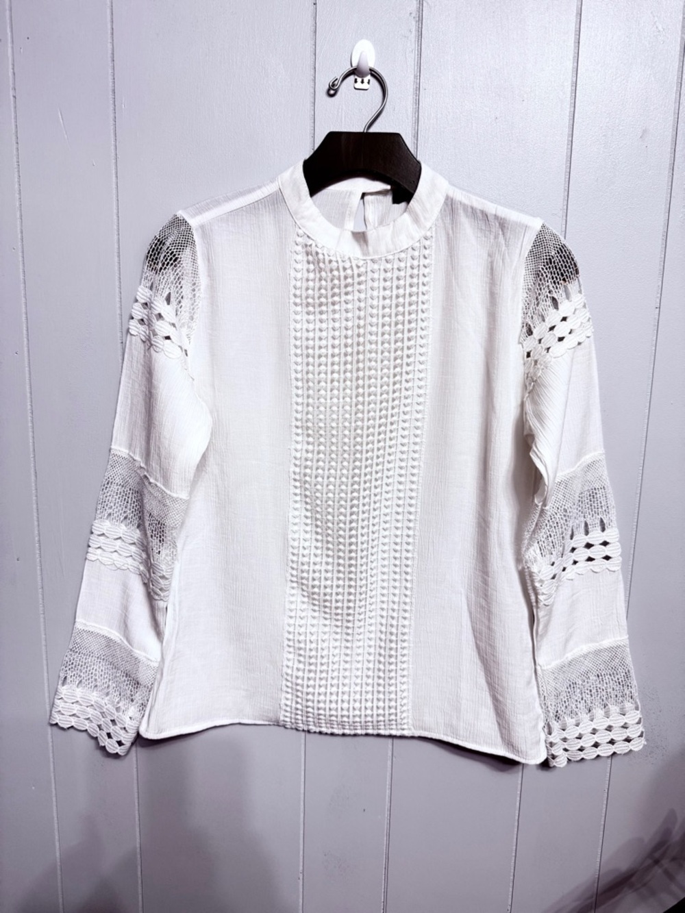#15)  Bella White Crochet-Panel Long Sleeve Blouse
